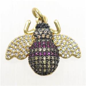 copper Honeybee charm pendant paved zircon, gold plated, approx 15-20mm