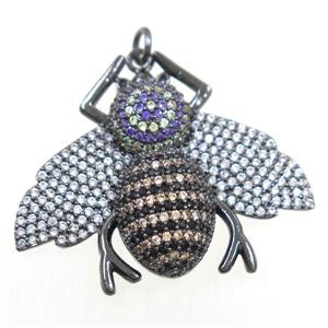 copper Honeybee pendant paved zircon, black plated, approx 30-35mm