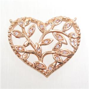 copper pendants paved zircon with 2loops, heart, rose gold, approx 20-23mm