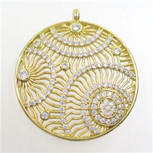 copper pendants paved zircon, circle, gold plated, approx 30mm dia