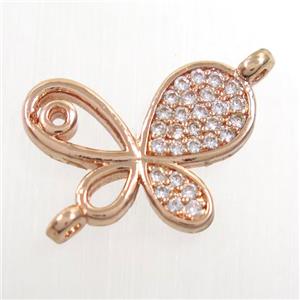 copper connector paved zircon, butterfly, rose gold, approx 18mm