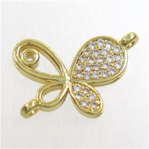 copper connector paved zircon, butterfly, gold plated, approx 13-17mm