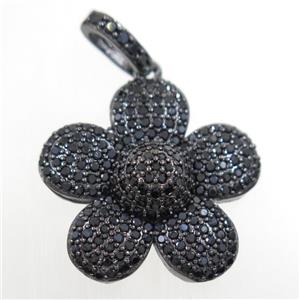 copper pendants paved zircon, flower, black, approx 25mm dia