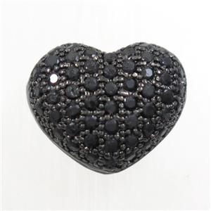 copper beads paved zircon, heart, black plated, approx 11-14mm