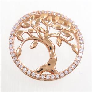 copper circle connector pave zircon, tree of life, rose gold, approx 20mm dia