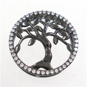 copper circle connector pave zircon, tree of life, black plated, approx 20mm dia