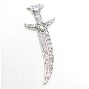 copper knife pendant paved zircon, platinum plated, approx 15-40mm