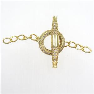 copper toggle clasp paved zircon, gold plated, approx 14mm dia, 27mm