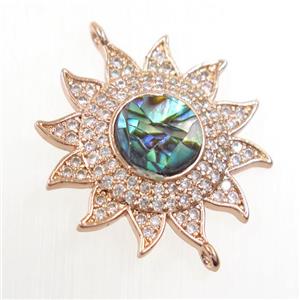 copper sunflower connector paved zircon with abalone shell, rose gold, approx 22mm dia