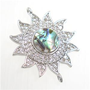copper sunflower connector paved zircon with abalone shell, platinum plated, approx 22mm dia