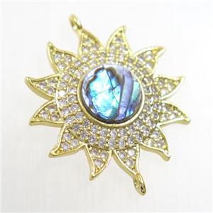 copper sunflower connector paved zircon with abalone shell, gold plated, approx 22mm dia