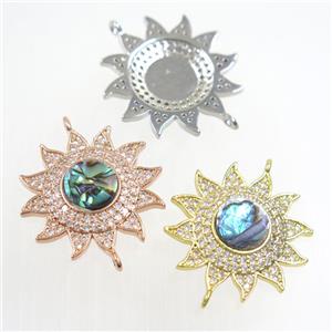 copper sunflower connector paved zircon with abalone shell, mixed, approx 22mm dia