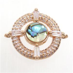copper donut connector paved zircon with abalone shell, rose gold, approx 18mm dia