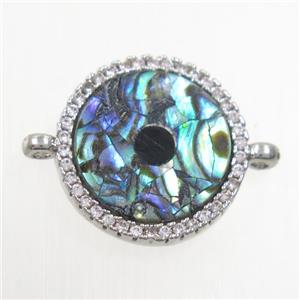 copper circle connector paved zircon with abalone shell, platinum plated, approx 15mm dia