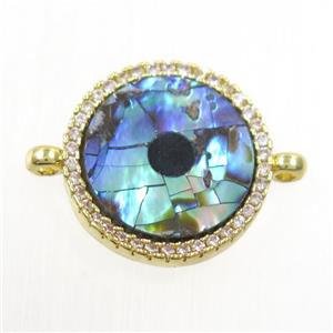 copper circle connector paved zircon with abalone shell, gold plated, approx 15mm dia