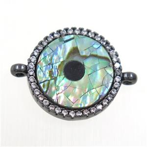 copper circle connector paved zircon with abalone shell, black plated, approx 15mm dia