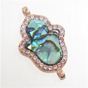copper hamsahand connector paved zircon with abalone shell, rose gold, approx 13-18mm