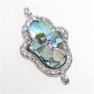 copper hamsahand connector paved zircon with abalone shell, platinum plated, approx 13-18mm