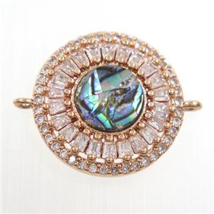copper circle connector paved zircon with abalone shell, rose gold, approx 18mm dia
