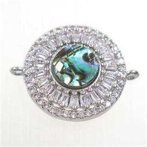 copper circle connector paved zircon with abalone shell, platinum plated, approx 18mm dia