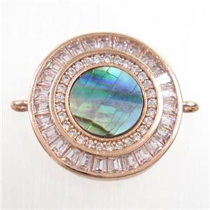 copper circle connector paved zircon with abalone shell, rose gold, approx 20mm dia