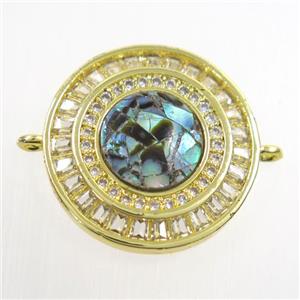 copper circle connector paved zircon with abalone shell, gold plated, approx 20mm dia