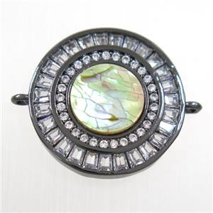 copper circle connector paved zircon with abalone shell, black plated, approx 20mm dia
