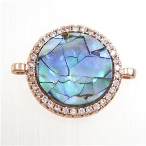 copper circle connector paved zircon with abalone shell, rose gold, approx 15mm dia