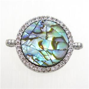 copper circle connector paved zircon with abalone shell, platinum plated, approx 15mm dia