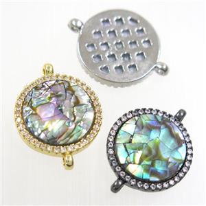 copper circle connector paved zircon with abalone shell, mixed, approx 15mm dia