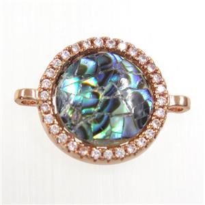 copper circle connector paved zircon with abalone shell, rose gold, approx 13mm dia