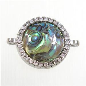 copper circle connector paved zircon with abalone shell, platinum plated, approx 13mm dia