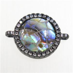 copper circle connector paved zircon with abalone shell, black plated, approx 13mm dia