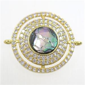 copper circle connector paved zircon with abalone shell, gold plated, approx 18mm dia