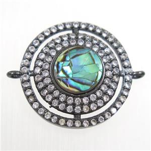 copper circle connector paved zircon with abalone shell, black plated, approx 18mm dia