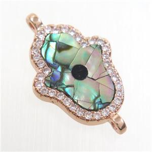 copper hamsahand connector paved zircon with abalone shell, rose gold, approx 13-17mm