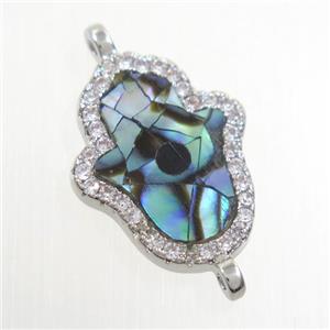 copper hamsahand connector paved zircon with abalone shell, platinum plated, approx 13-17mm