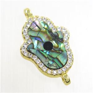 copper hamsahand connector paved zircon with abalone shell, gold plated, approx 13-17mm
