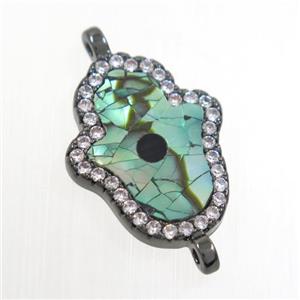 copper hamsahand connector paved zircon with abalone shell, black plated, approx 13-17mm