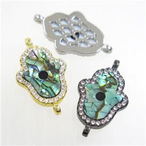 copper hamsahand connector paved zircon with abalone shell, mixed, approx 13-17mm