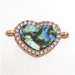 copper heart connector paved zircon with abalone shell, rose gold, approx 10-12mm