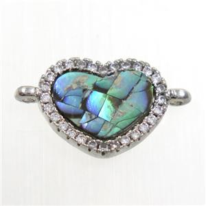 copper heart connector paved zircon with abalone shell, platinum plated, approx 10-12mm