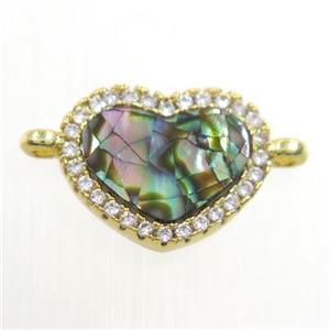 copper heart connector paved zircon with abalone shell, gold plated, approx 10-12mm