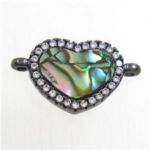 copper heart connector paved zircon with abalone shell, black plated, approx 10-12mm