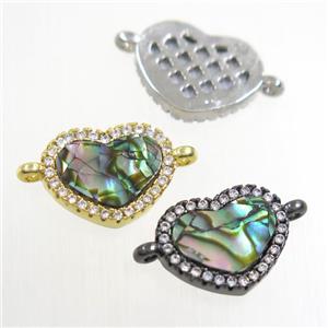 copper heart connector paved zircon with abalone shell, mixed, approx 10-12mm
