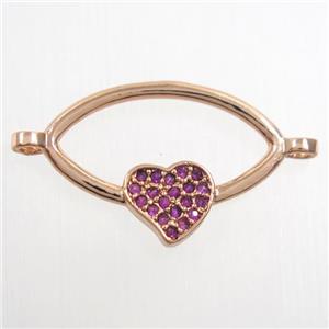 copper oval connector paved zircon with heart, rose gold, approx 10-20mm