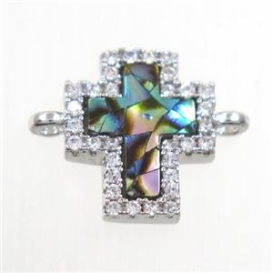 copper cross connector paved zircon with abalone shell, platinum plated, approx 10-11mm