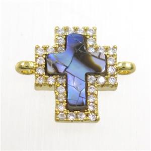copper cross connector paved zircon with abalone shell, gold plated, approx 10-11mm