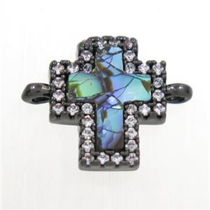 copper cross connector paved zircon with abalone shell, black plated, approx 10-11mm
