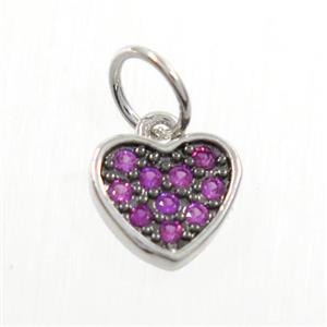copper heart pendant paved zircon, platinum plated, approx 7mm